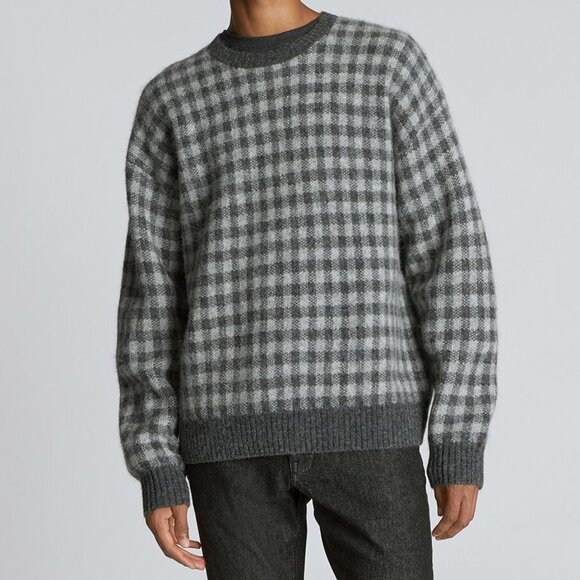 Everlane The Alpaca Crewneck Sweater Size L Heather Grey Buffalo Check NEW - Picture 1 of 8